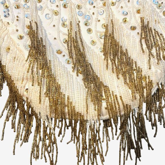 Vintage 1990s Cream & Bronze Beaded Fringe Satin-Finish Evening Bag Handmade - Picture 2 of 10